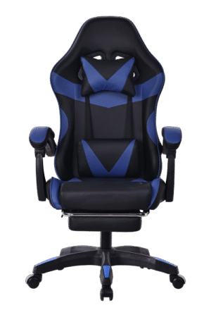 Silla gamer color negro y azul, con esponja reforzada, reposa pies y soporte de 150 kilogramos