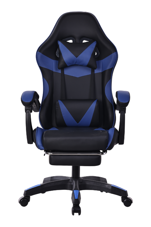 Silla gamer color negro y azul, con esponja reforzada, reposa pies y soporte de 150 kilogramos