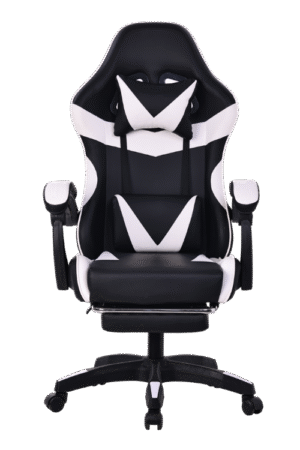 Silla gamer color blanco y negro, con esponja reforzada, reposa pies y soporte de 150 kilogramos