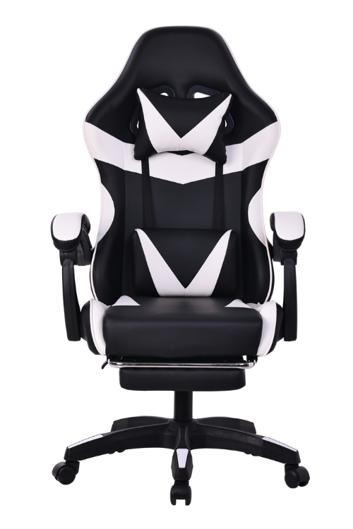 Silla gamer color blanco y negro, con esponja reforzada, reposa pies y soporte de 150 kilogramos