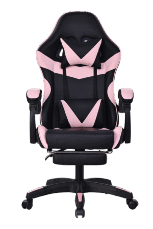 Silla gamer color negro y rosado, con esponja reforzada, reposa pies y soporte de 150 kilogramos