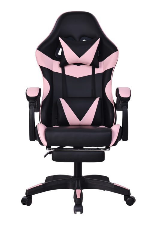 Silla gamer color negro y rosado, con esponja reforzada, reposa pies y soporte de 150 kilogramos