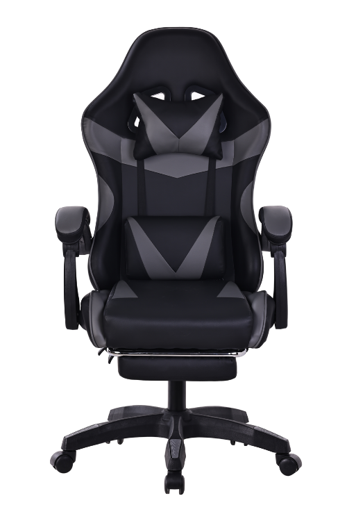 Silla gamer color negro y gris, con esponja reforzada, reposa pies y soporte de 150 kilogramos