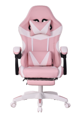 Silla gamer color blanco y rosado, con esponja reforzada, reposa pies y soporte de 150 kilogramos