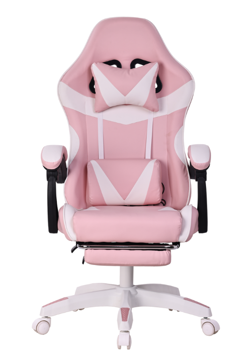 Silla gamer color blanco y rosado, con esponja reforzada, reposa pies y soporte de 150 kilogramos