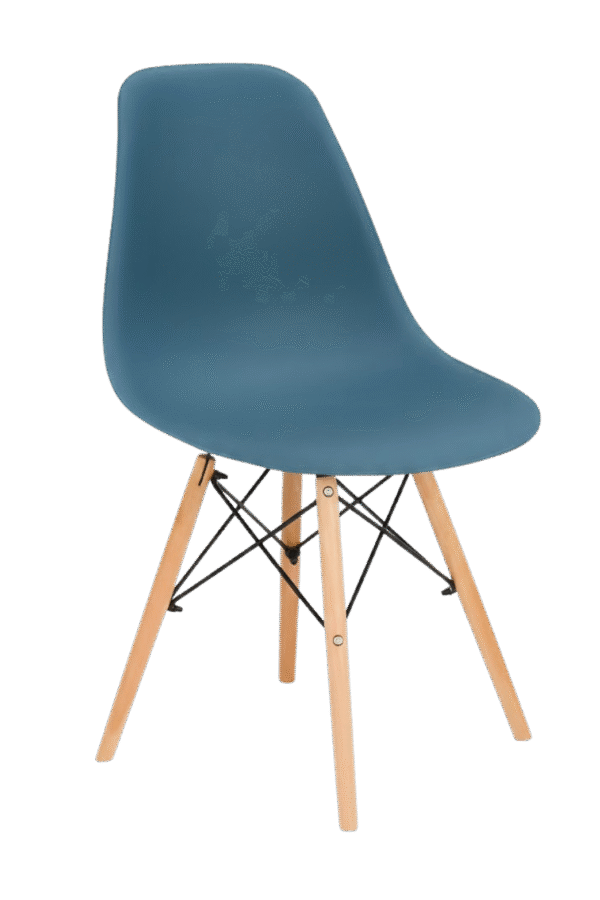 Silla tipo EAMES color azul, de plástico y patas de madera con estructura reforzada