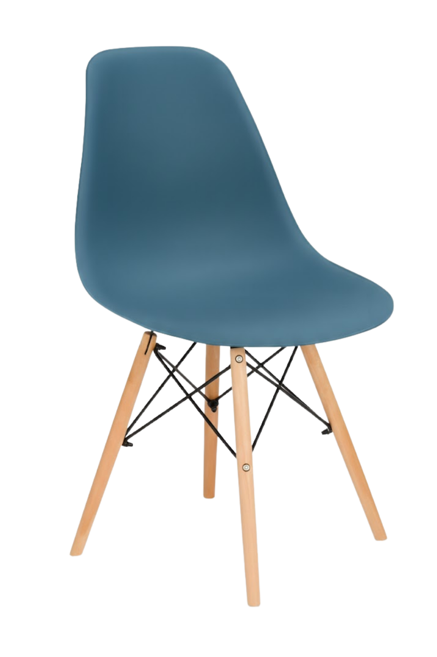 Silla tipo EAMES color azul, de plástico y patas de madera con estructura reforzada