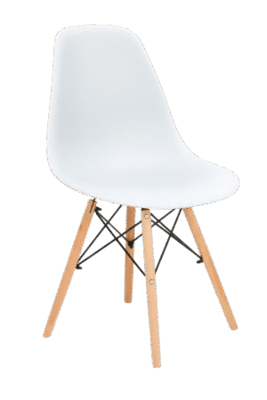 Silla tipo EAMES color blanco, de plástico y patas de madera con estructura reforzada