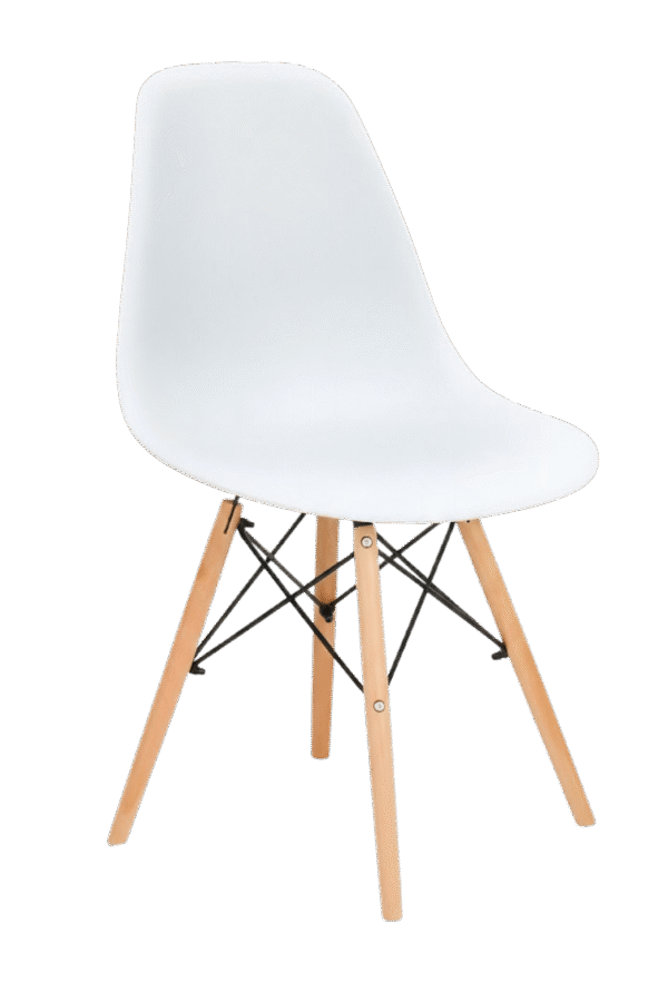 Silla tipo EAMES color blanco, de plástico y patas de madera con estructura reforzada