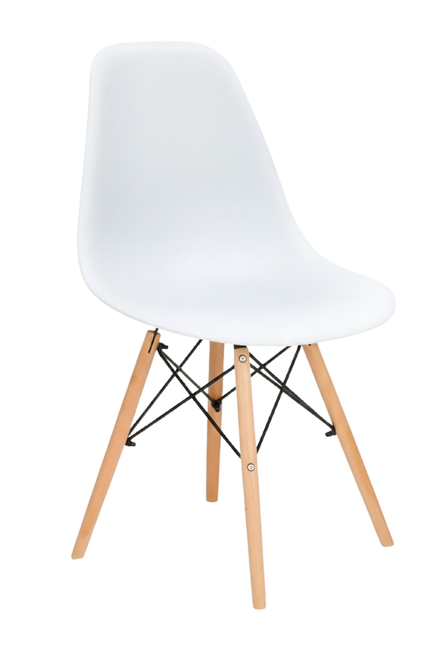 Silla tipo EAMES color blanco, de plástico y patas de madera con estructura reforzada