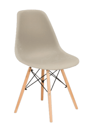 Silla tipo EAMES color café claro, de plástico y patas de madera con estructura reforzada
