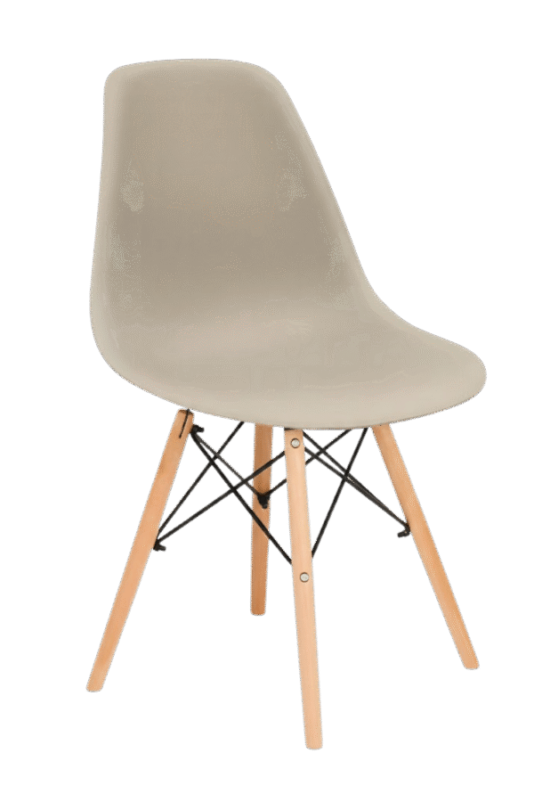 Silla tipo EAMES color café claro, de plástico y patas de madera con estructura reforzada