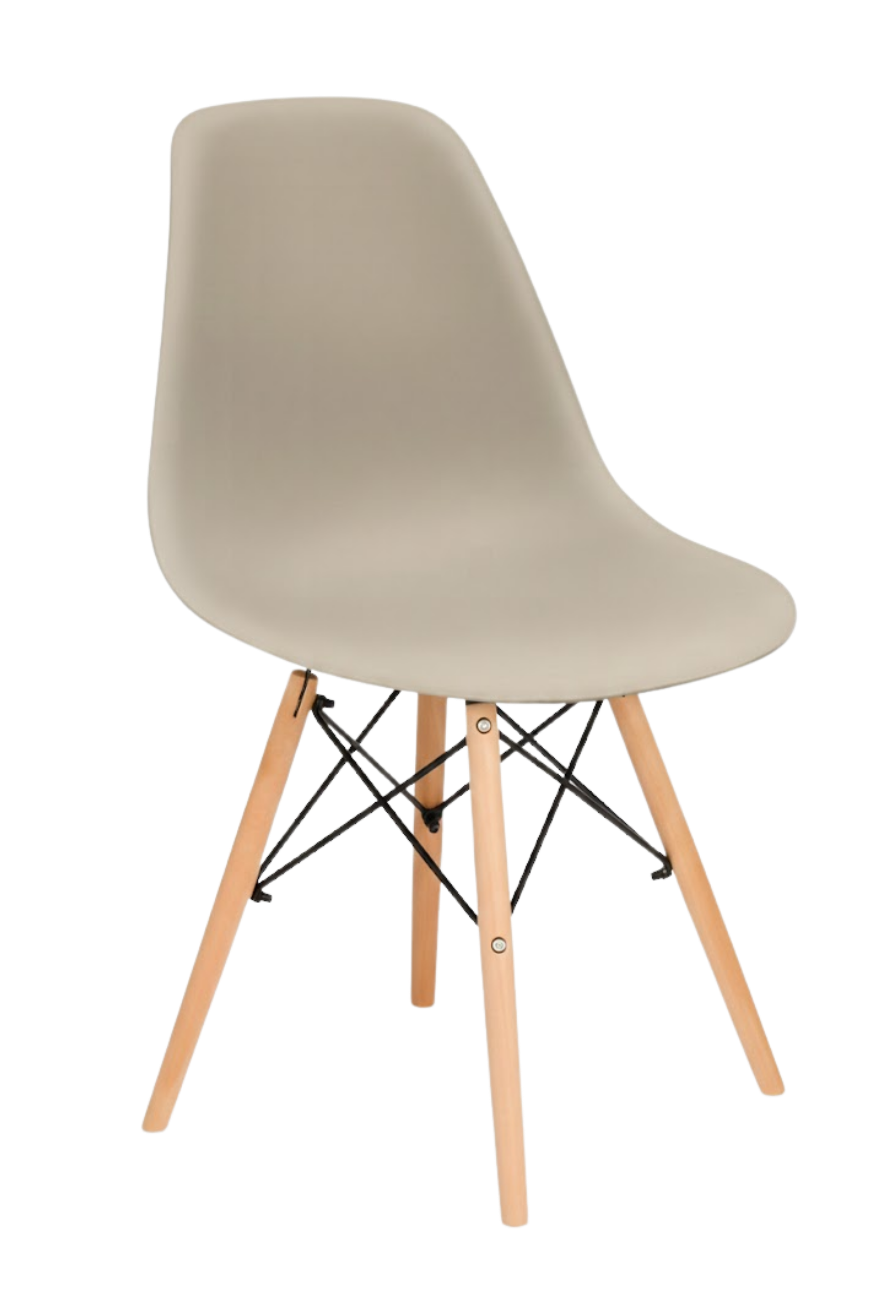 Silla tipo EAMES color café claro, de plástico y patas de madera con estructura reforzada