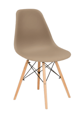 Silla tipo EAMES color café oscuro, de plástico y patas de madera con estructura reforzada
