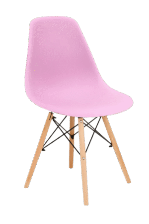 Silla tipo EAMES color rosado, de plástico y patas de madera con estructura reforzada
