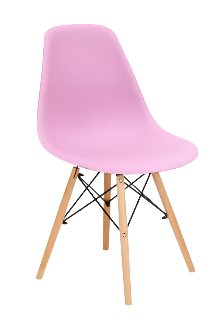 Silla tipo EAMES color rosado, de plástico y patas de madera con estructura reforzada