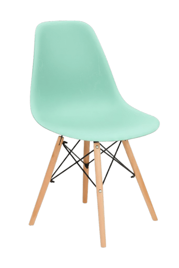 Silla tipo EAMES color verde aqua, de plástico y patas de madera con estructura reforzada