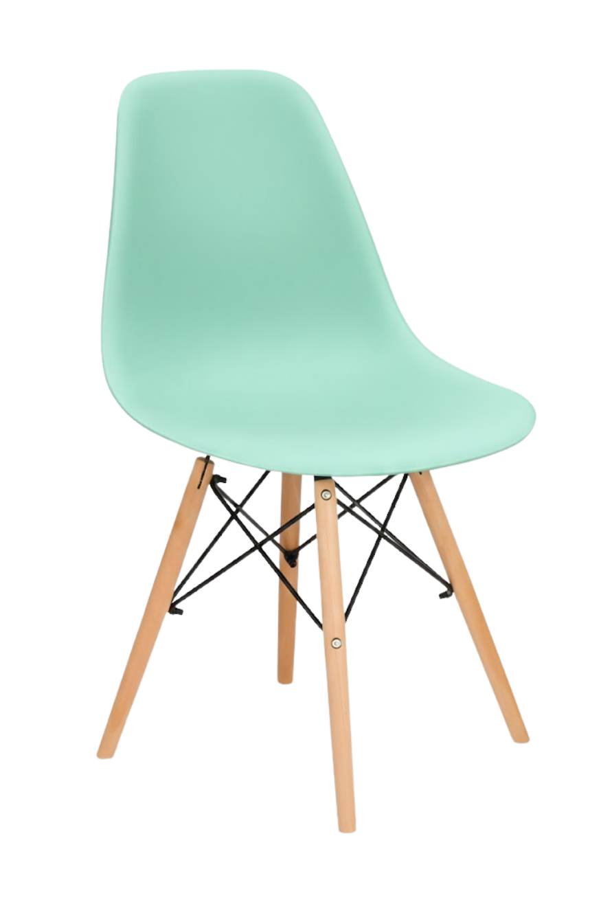 Silla tipo EAMES color verde aqua, de plástico y patas de madera con estructura reforzada