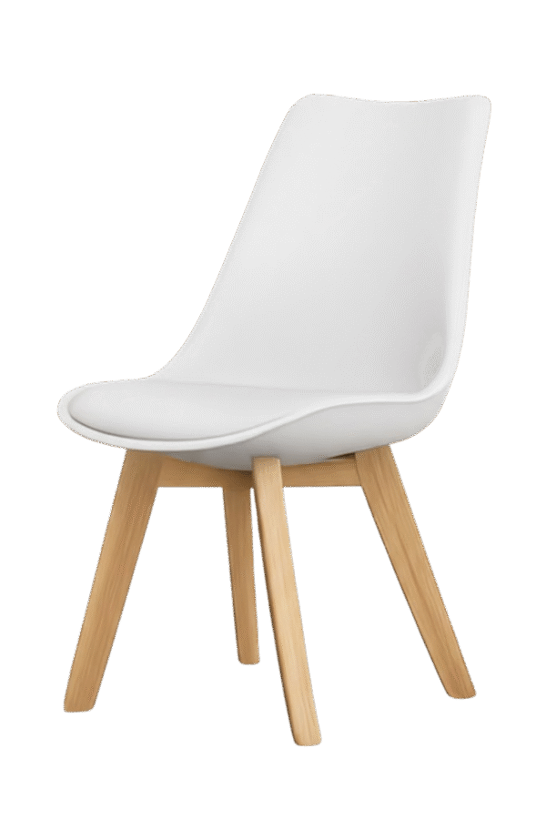Silla TULIP color blanco, con asiento ergonómico de plástico y patas de madera