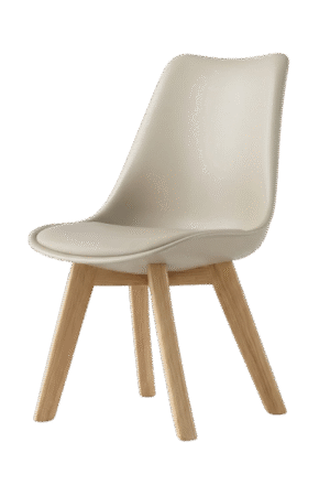 Silla TULIP color café claro, con asiento ergonómico de plástico y patas de madera