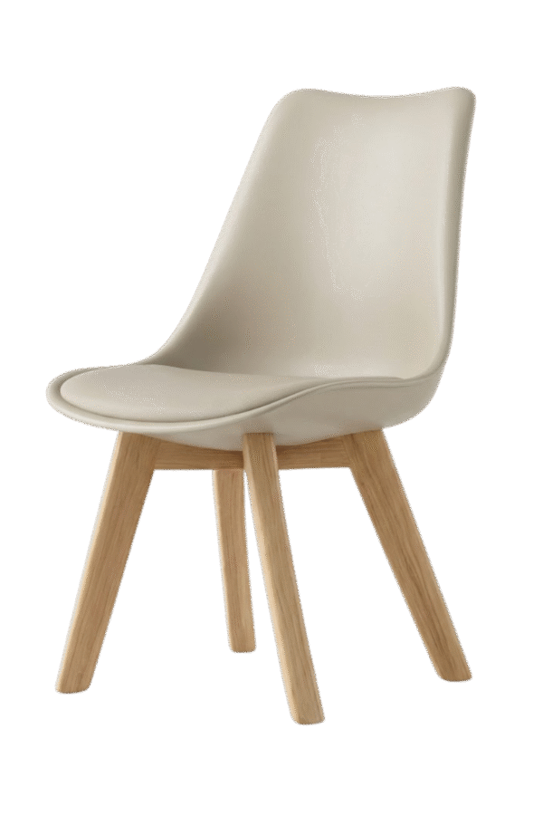 Silla TULIP color café claro, con asiento ergonómico de plástico y patas de madera