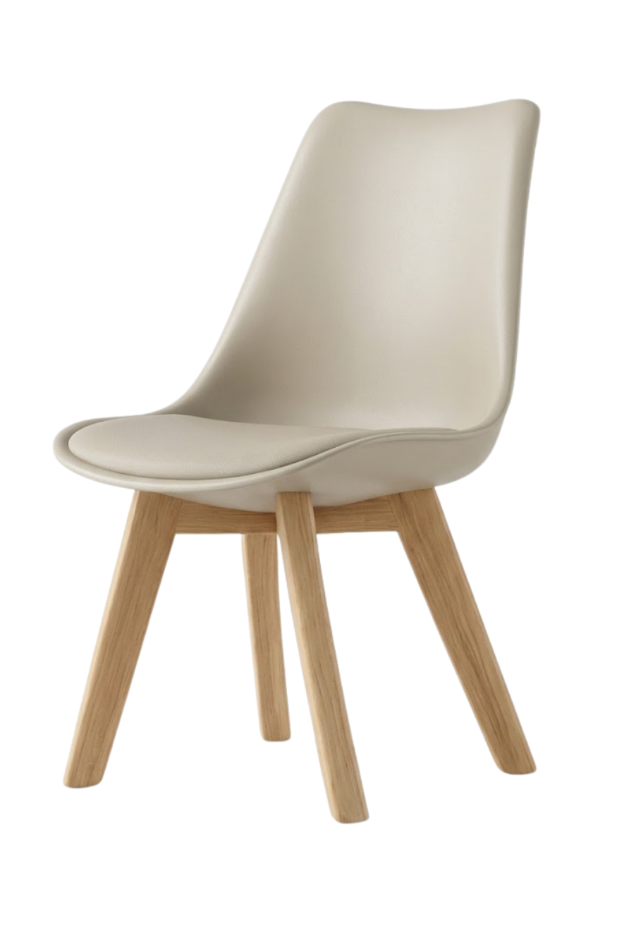 Silla TULIP color café claro, con asiento ergonómico de plástico y patas de madera