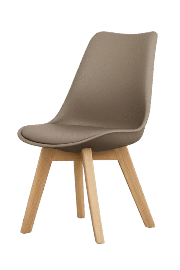 Silla TULIP color café oscuro, con asiento ergonómico de plástico y patas de madera